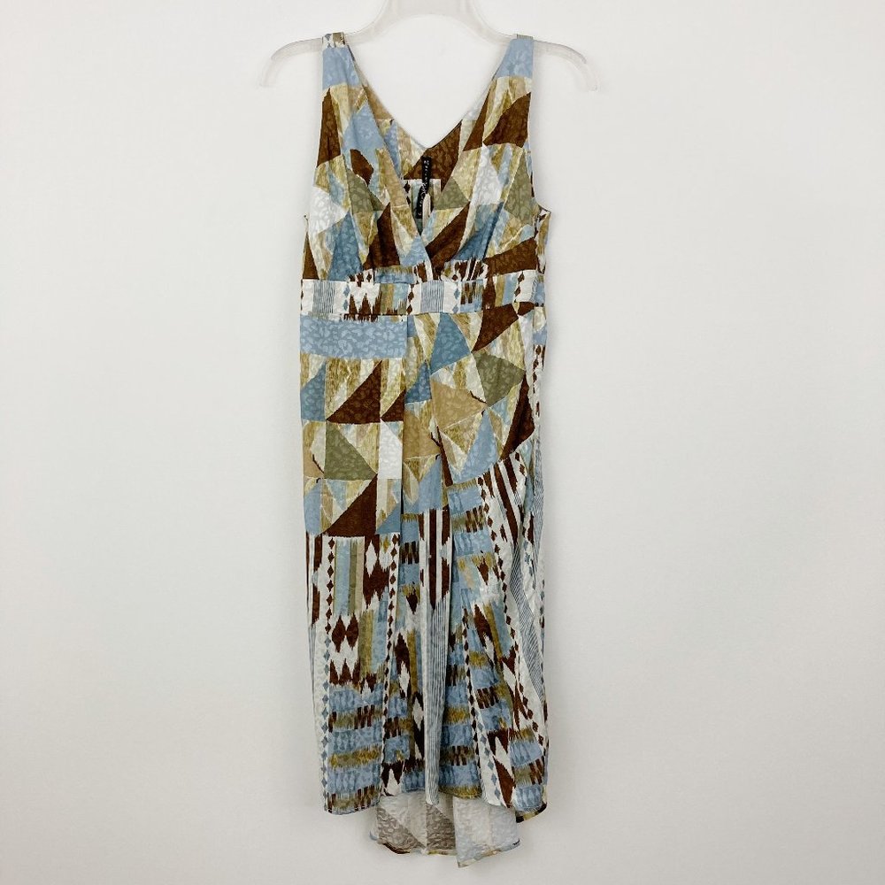 NWT Manila Grace Crossed Neck Dress Size 40 US 6 Blue Brown Sleeveless Hi-low
